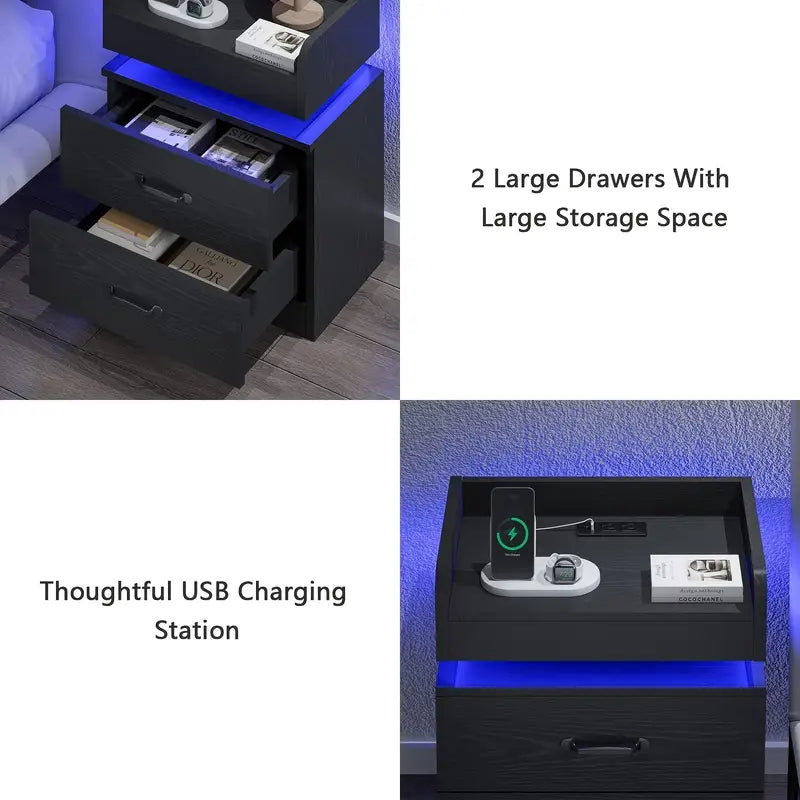 Modern Black Nightstand with Charging Station & LED Light,
