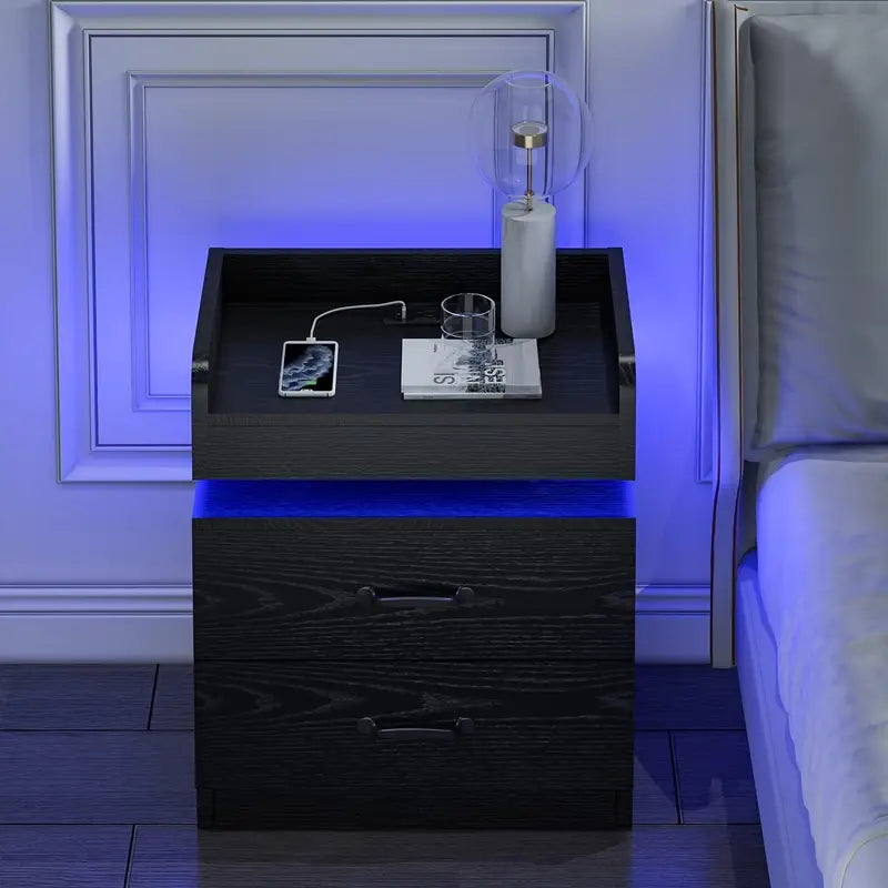 Modern Black Nightstand with Charging Station & LED Light,