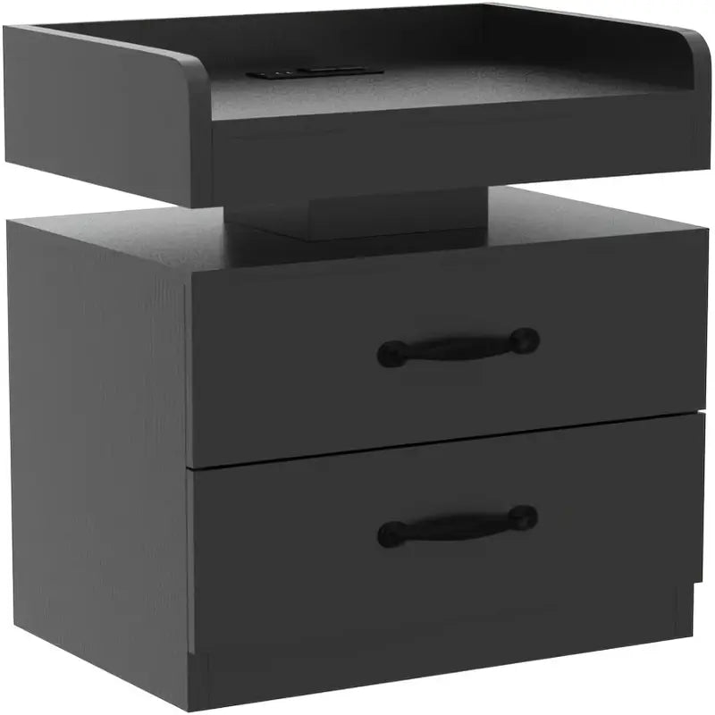 Modern Black Nightstand with Charging Station & LED Light,
