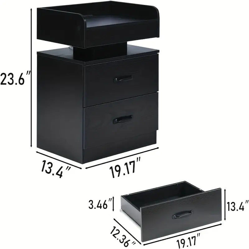 Modern Black Nightstand with Charging Station & LED Light,