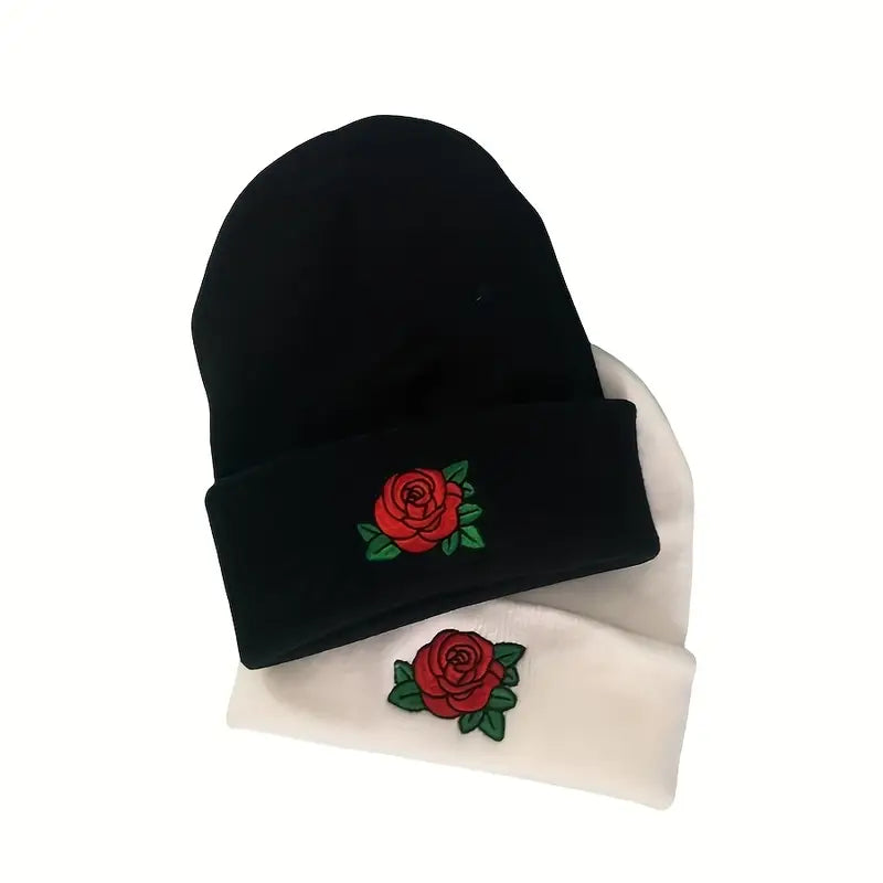 Unisex Winter Beanie with Embroidered Red Rose & Green Leaves