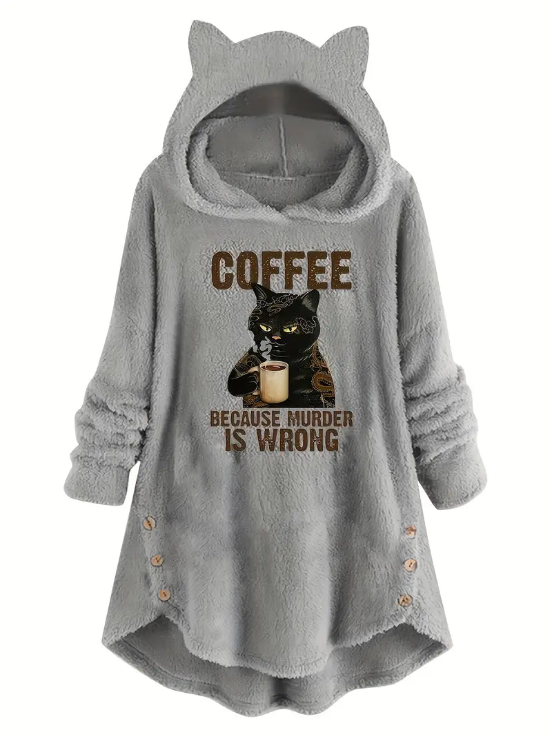 Cat & Slogan Print Teddy Hoodie