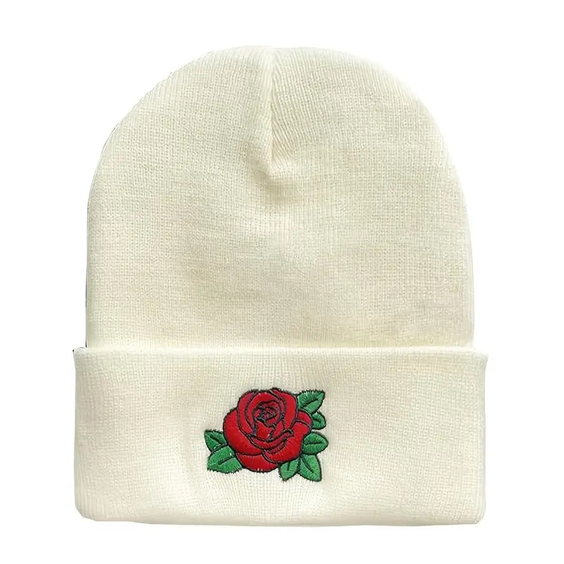 Unisex Winter Beanie with Embroidered Red Rose & Green Leaves
