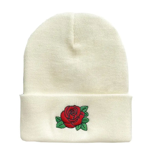 Unisex Winter Beanie with Embroidered Red Rose & Green Leaves