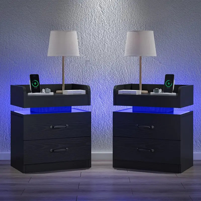 Modern Black Nightstand with Charging Station & LED Light,