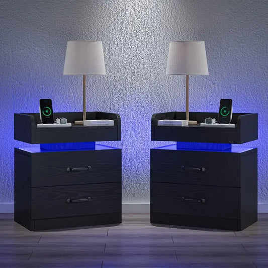 Modern Black Nightstand with Charging Station & LED Light,