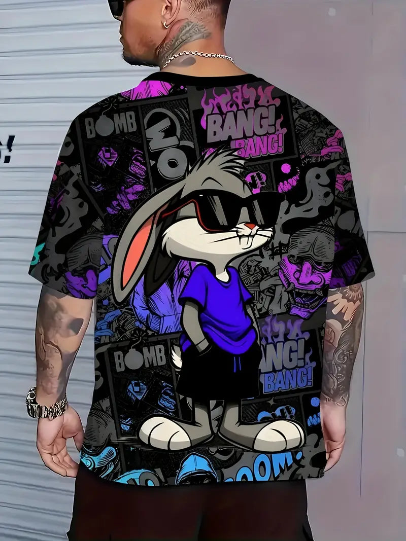 Men's 3D Rabbit Print T-Shirt with Bold "BOMB" Graphic