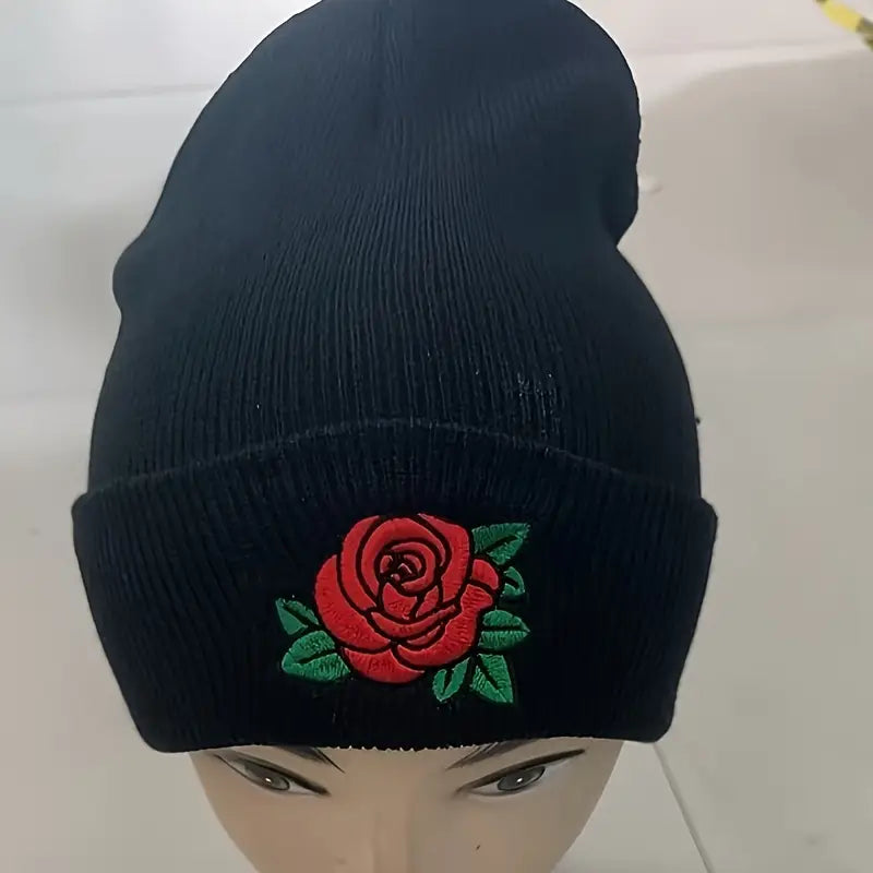 Unisex Winter Beanie with Embroidered Red Rose & Green Leaves