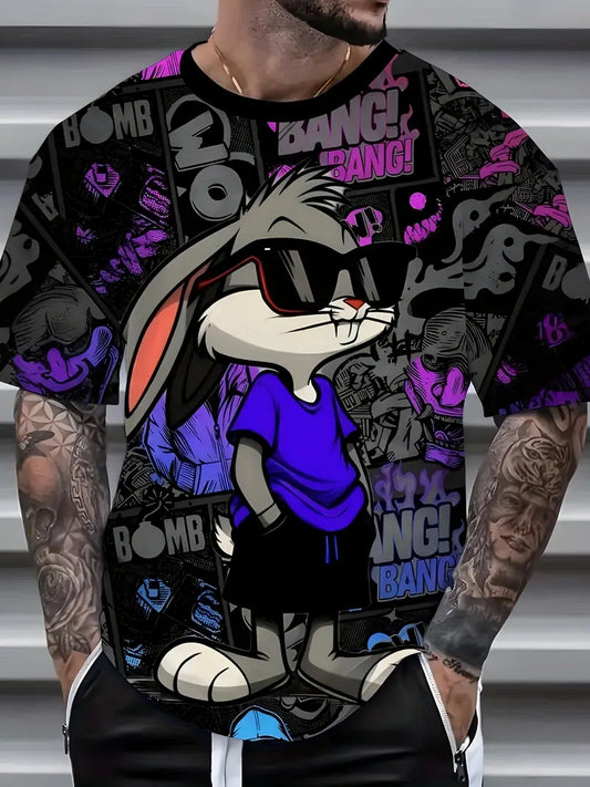 Men's 3D Rabbit Print T-Shirt with Bold "BOMB" Graphic