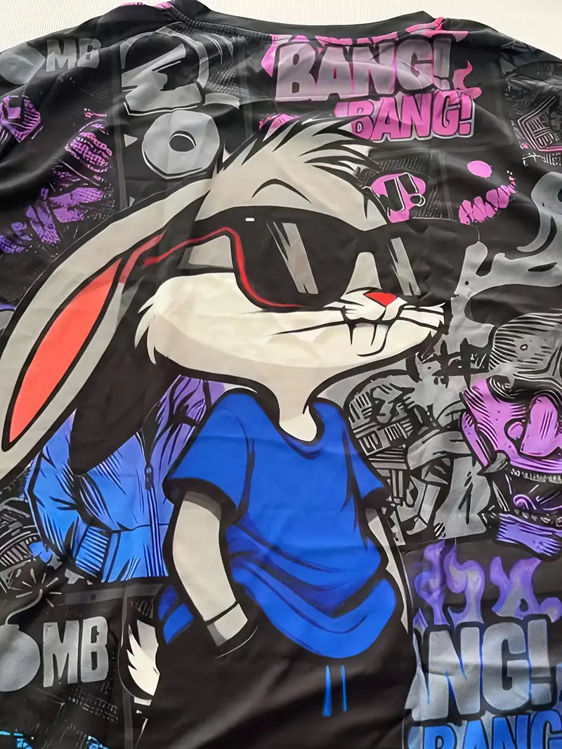 Men's 3D Rabbit Print T-Shirt with Bold "BOMB" Graphic