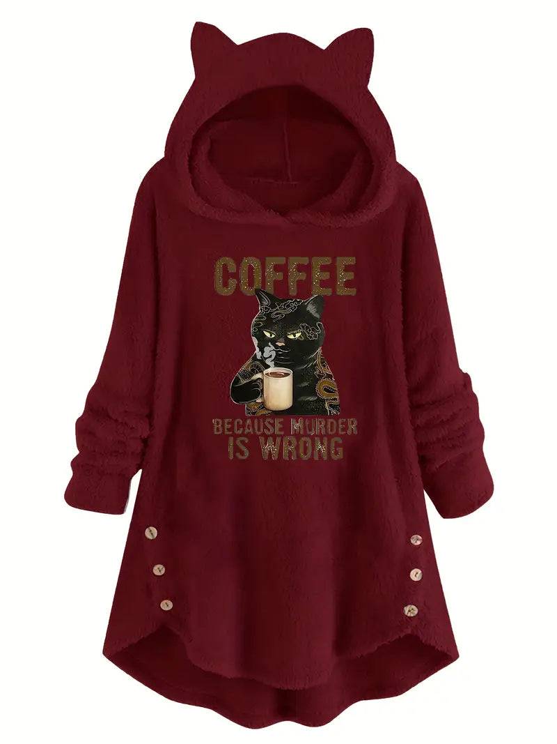 Cat & Slogan Print Teddy Hoodie