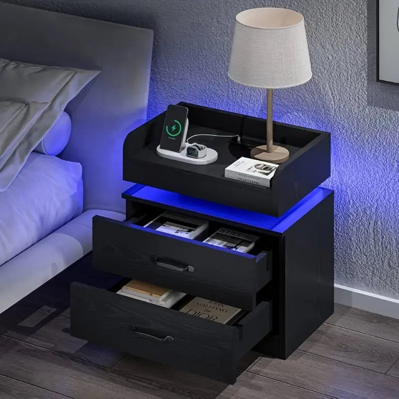 Modern Black Nightstand with Charging Station & LED Light,