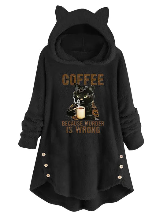 Cat & Slogan Print Teddy Hoodie