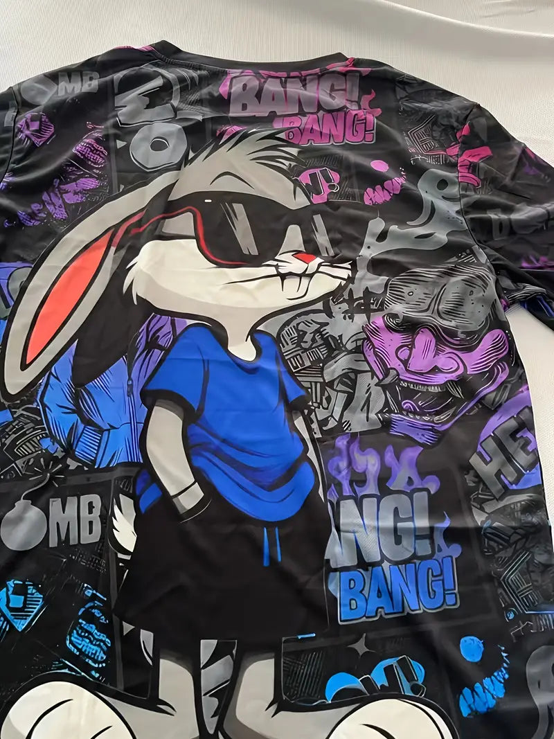 Men's 3D Rabbit Print T-Shirt with Bold "BOMB" Graphic