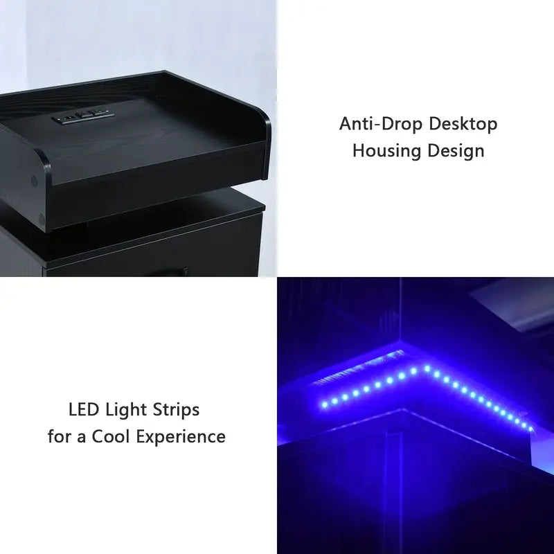 Modern Black Nightstand with Charging Station & LED Light,