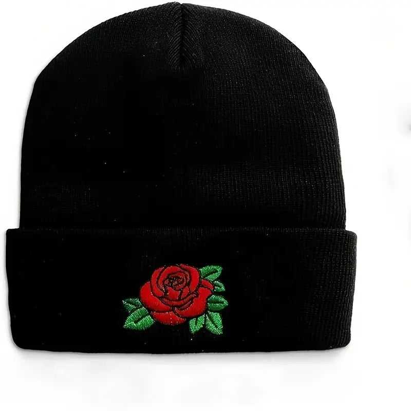 Unisex Winter Beanie with Embroidered Red Rose & Green Leaves
