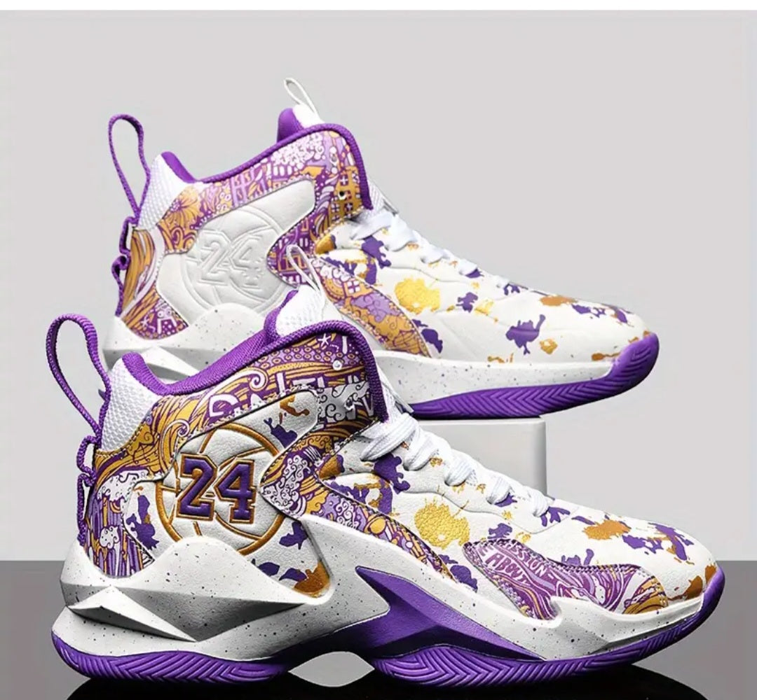 Men's Stylish Purple & Golden Pattern High-Top Basketball Sneakers - Breathable, Non-Slip, Shock-Absorbing Footwear with Cushioned Insole for Running, Walking, and Sports, Outdoor Shoes | Laceup Closure