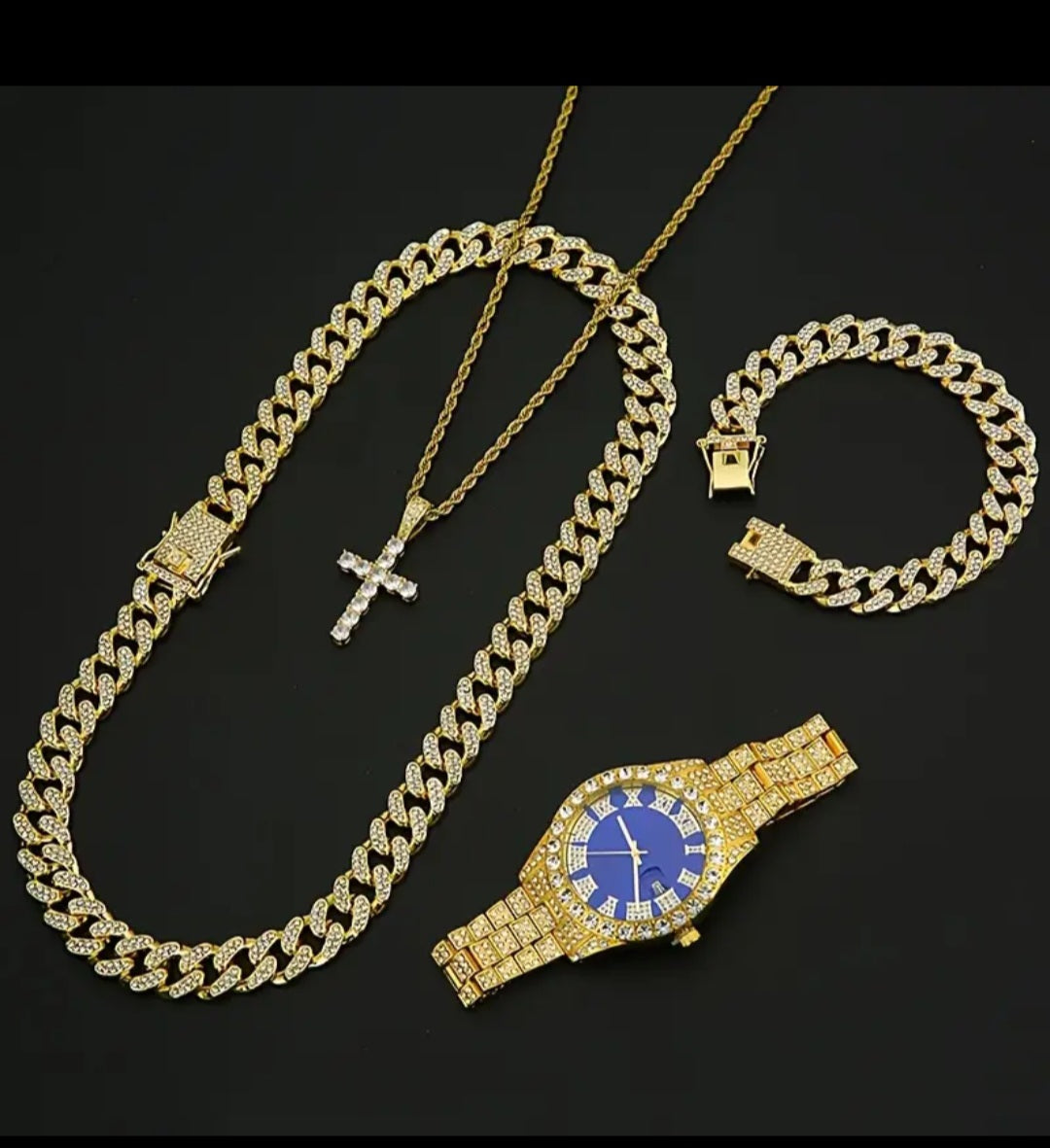 Set Of 4 Pieces, Men's Watch Set, Men's Cuban Necklace Bracelet Set, Men's And Women's Holiday Gifts, Christmas Gifts