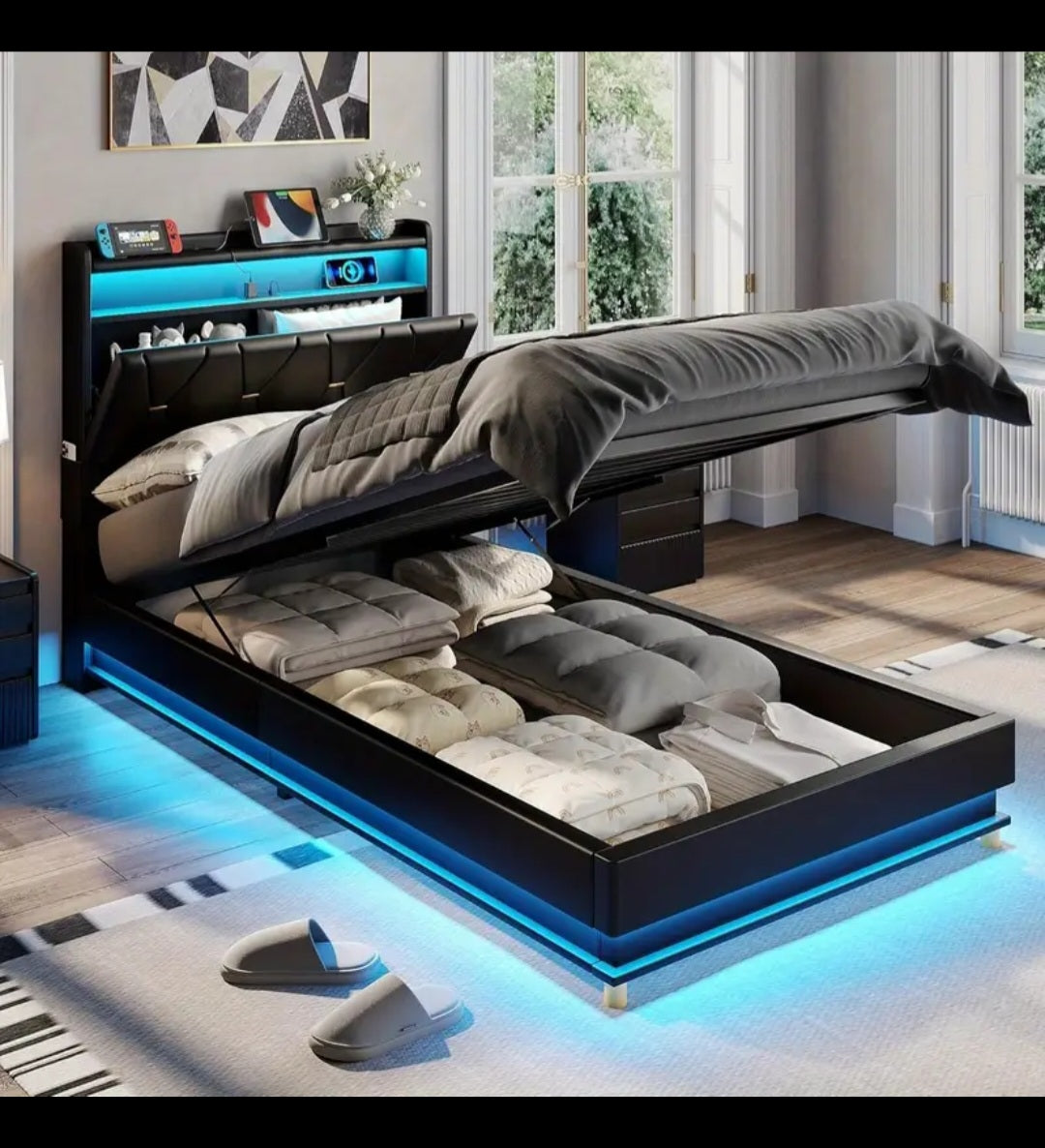 Fameill Modern Lift Up Storage Bed Frame with Charging Station (USB/Outlet), Underbed Storage Platform Bed, Noise-Free Heavy-Duty Hardwood/Metal Frame.