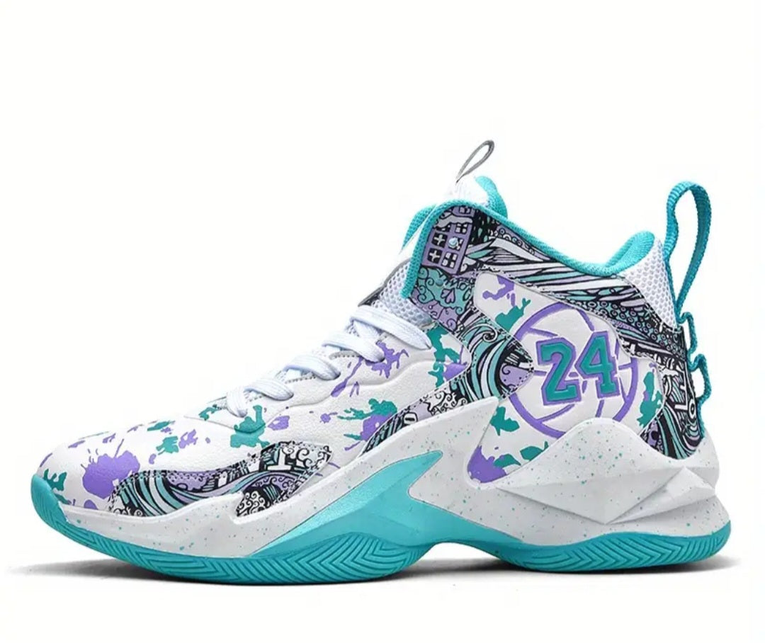 Men's Stylish Purple & Golden Pattern High-Top Basketball Sneakers - Breathable, Non-Slip, Shock-Absorbing Footwear with Cushioned Insole for Running, Walking, and Sports, Outdoor Shoes | Laceup Closure
