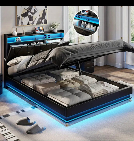 Fameill Modern Lift Up Storage Bed Frame with Charging Station (USB/Outlet), Underbed Storage Platform Bed, Noise-Free Heavy-Duty Hardwood/Metal Frame.