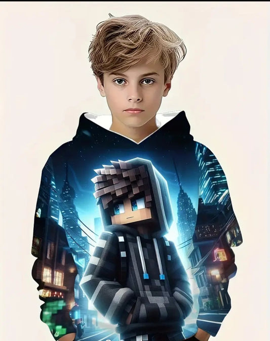 Hooded Building Blocks Boy Cartoon Print, Boy's Casual Comfy Long Sleeve Pullover Hoodies For Daily And Outdoor Wear, Spring And Autumn Top