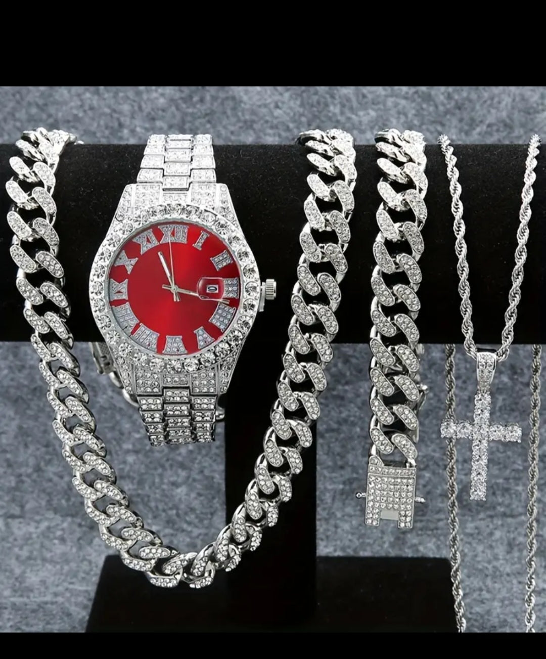 Set Of 4 Pieces, Men's Watch Set, Men's Cuban Necklace Bracelet Set, Men's And Women's Holiday Gifts, Christmas Gifts