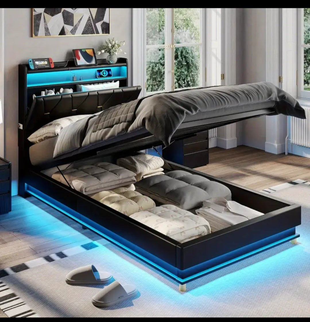 Fameill Modern Lift Up Storage Bed Frame with Charging Station (USB/Outlet), Underbed Storage Platform Bed, Noise-Free Heavy-Duty Hardwood/Metal Frame.