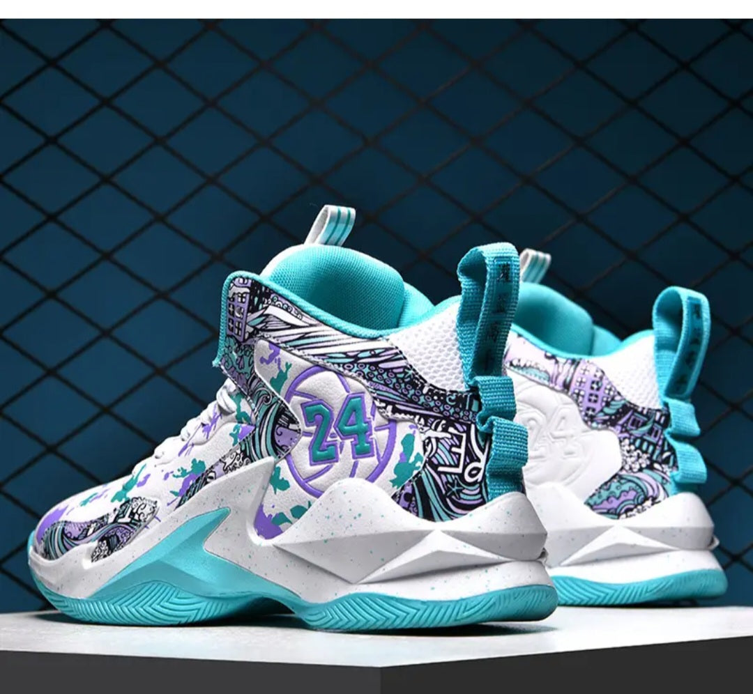 Men's Stylish Purple & Golden Pattern High-Top Basketball Sneakers - Breathable, Non-Slip, Shock-Absorbing Footwear with Cushioned Insole for Running, Walking, and Sports, Outdoor Shoes | Laceup Closure