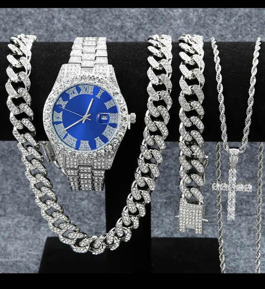Set Of 4 Pieces, Men's Watch Set, Men's Cuban Necklace Bracelet Set, Men's And Women's Holiday Gifts, Christmas Gifts
