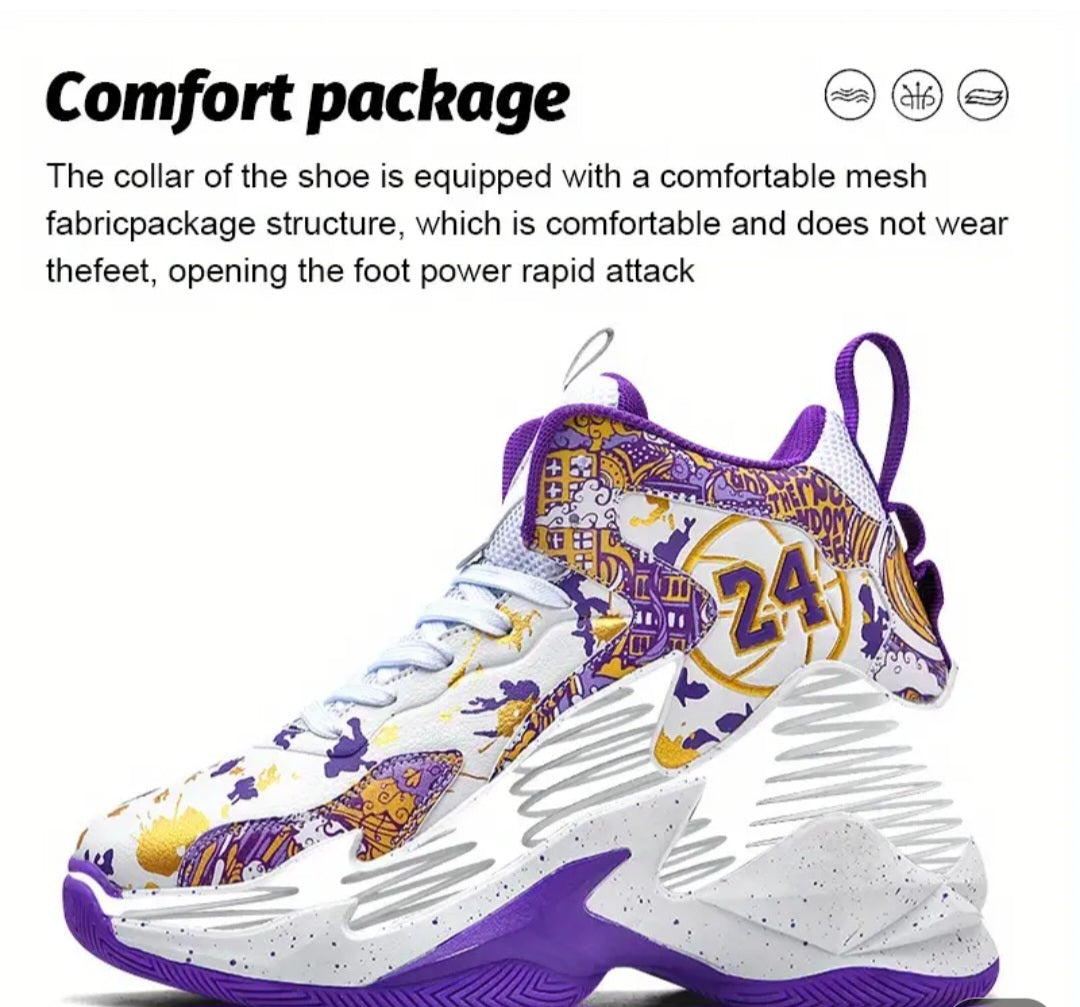 Men's Stylish Purple & Golden Pattern High-Top Basketball Sneakers - Breathable, Non-Slip, Shock-Absorbing Footwear with Cushioned Insole for Running, Walking, and Sports, Outdoor Shoes | Laceup Closure