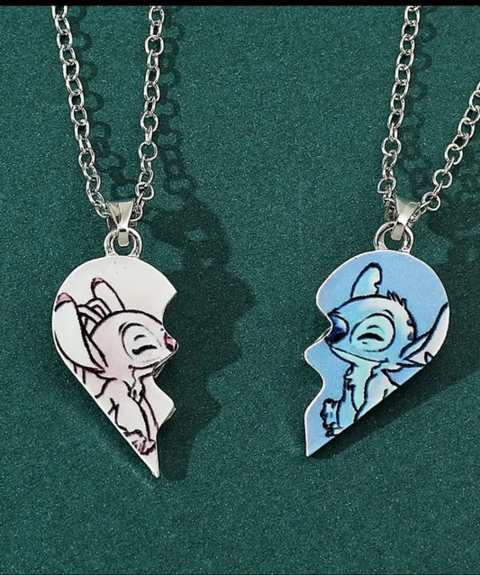 Colorful Cartoon Pendant Chain - Stitch & Angel Heart-Shaped Zinc Alloy Necklace for Couples, Ideal for Valentine's Day & Football Holidays, Cute Pendan