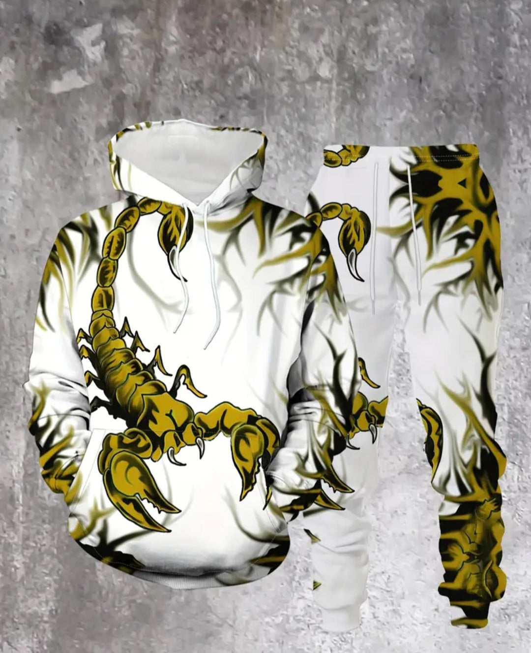 [Machine Washable] Men's Scorpion Print Hoodie & Sweatpants Set - Polyester Casual Outfit for Spring/Fall, Winter - Machine Washable 2pcs Set