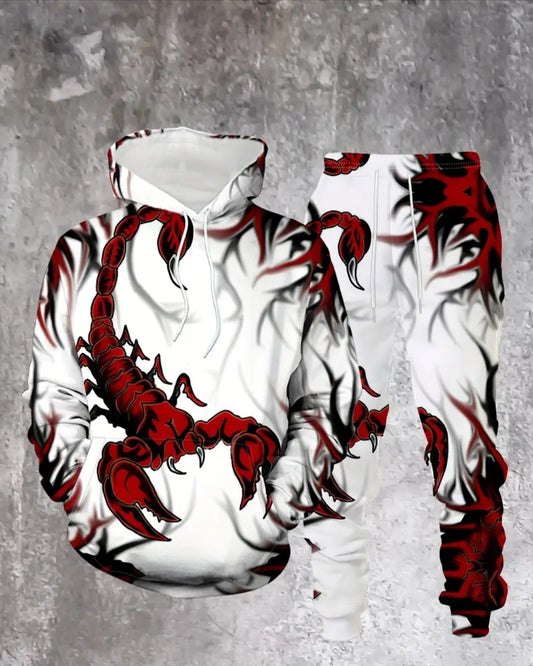 [Machine Washable] Men's Scorpion Print Hoodie & Sweatpants Set - Polyester Casual Outfit for Spring/Fall, Winter - Machine Washable 2pcs Set
