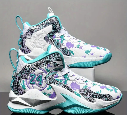 Men's Stylish Purple & Golden Pattern High-Top Basketball Sneakers - Breathable, Non-Slip, Shock-Absorbing Footwear with Cushioned Insole for Running, Walking, and Sports, Outdoor Shoes | Laceup Closure
