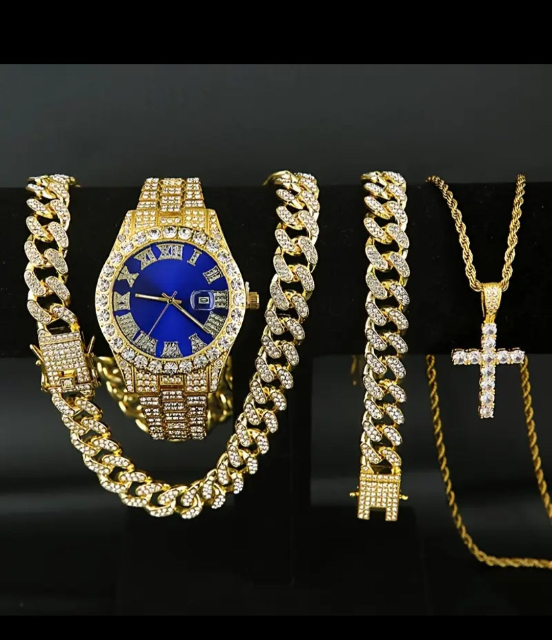 Set Of 4 Pieces, Men's Watch Set, Men's Cuban Necklace Bracelet Set, Men's And Women's Holiday Gifts, Christmas Gifts