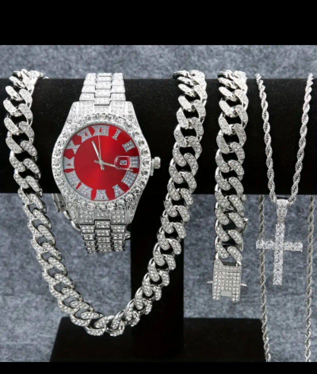 Set Of 4 Pieces, Men's Watch Set, Men's Cuban Necklace Bracelet Set, Men's And Women's Holiday Gifts, Christmas Gifts