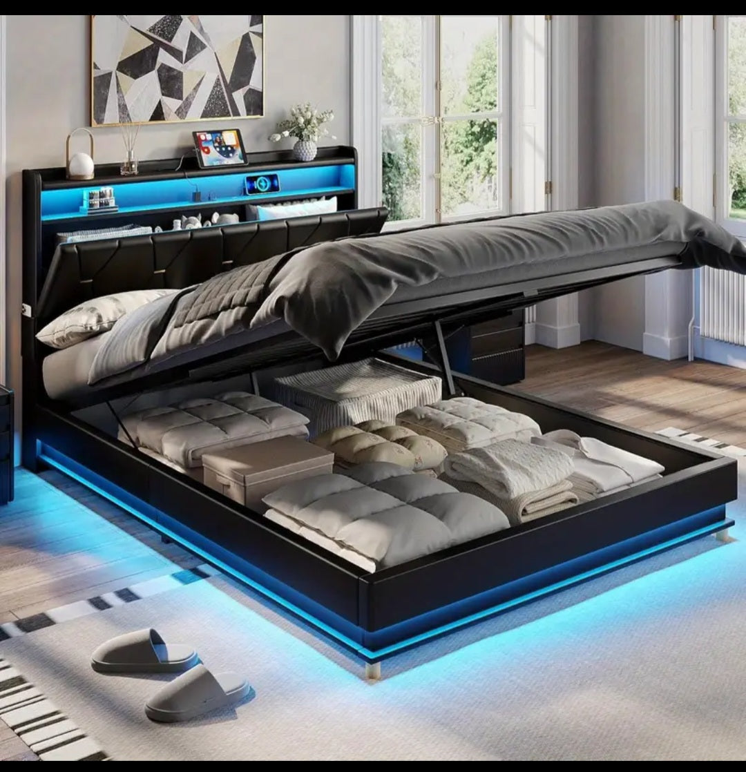 Fameill Modern Lift Up Storage Bed Frame with Charging Station (USB/Outlet), Underbed Storage Platform Bed, Noise-Free Heavy-Duty Hardwood/Metal Frame.