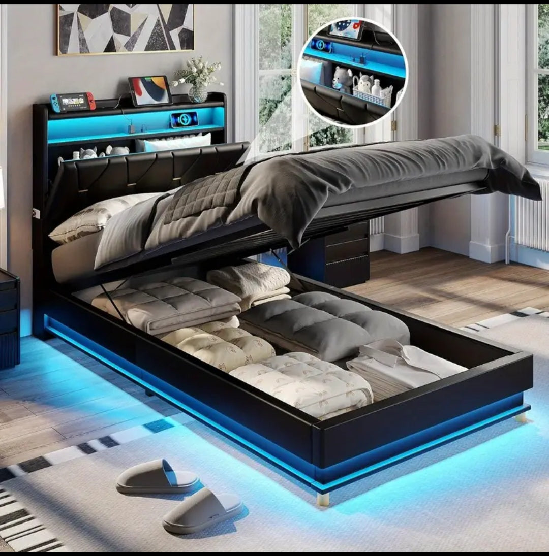 Fameill Modern Lift Up Storage Bed Frame with Charging Station (USB/Outlet), Underbed Storage Platform Bed, Noise-Free Heavy-Duty Hardwood/Metal Frame.