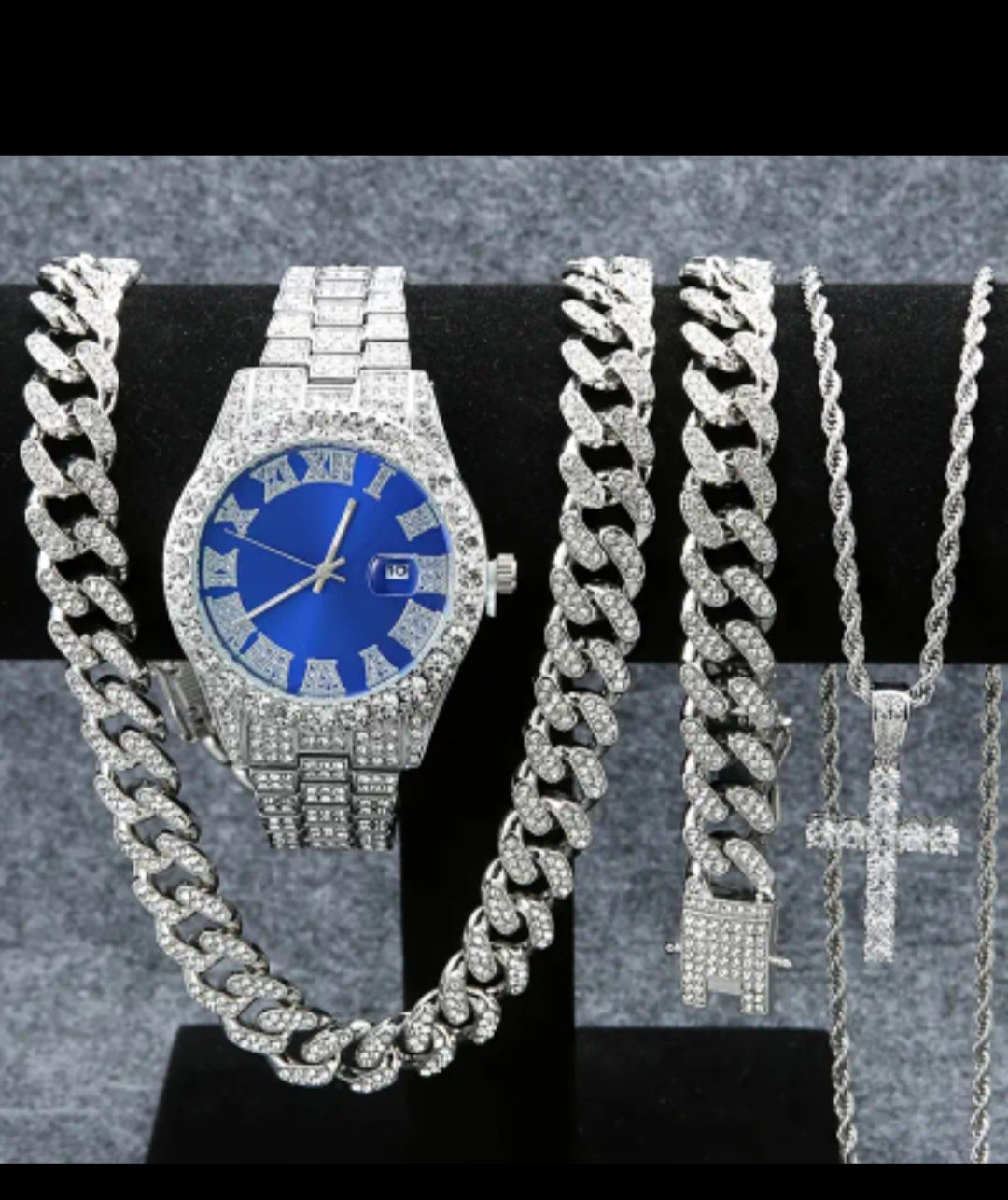 Set Of 4 Pieces, Men's Watch Set, Men's Cuban Necklace Bracelet Set, Men's And Women's Holiday Gifts, Christmas Gifts