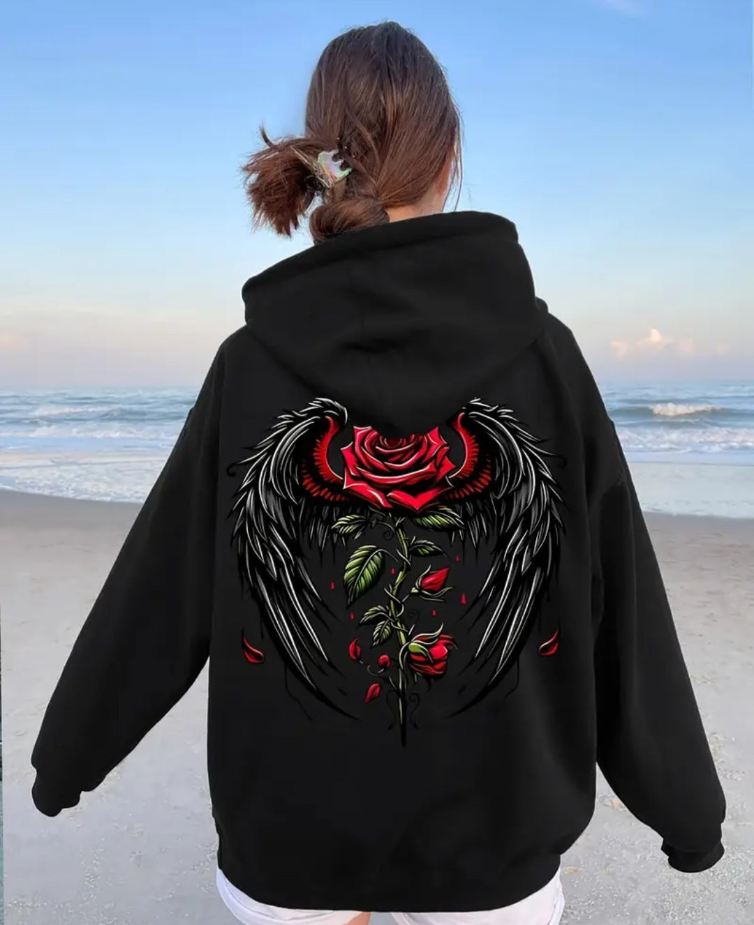 For Winter and Autumn, Graphic Print Rose Wings Drawstring Casual Hooded Sweatshirt Hoodie, Women's Clothing