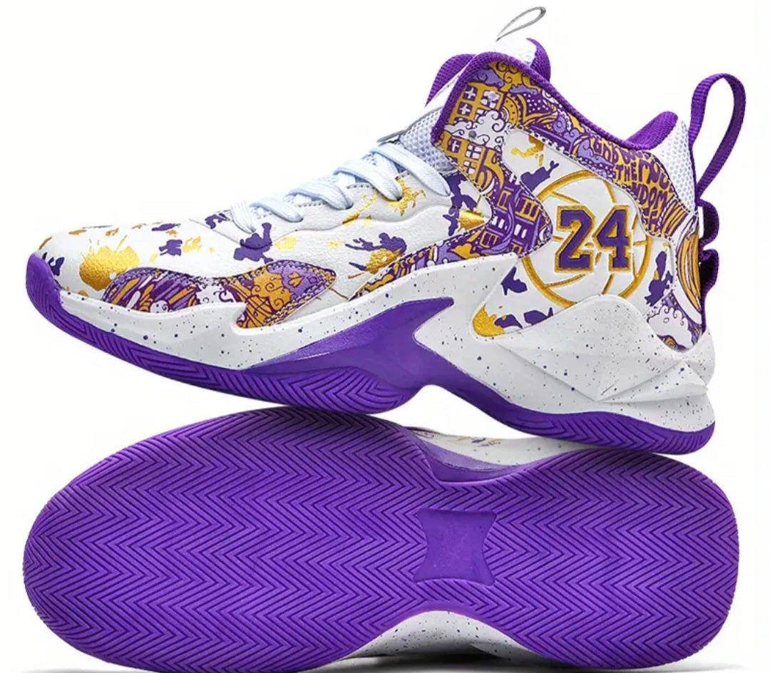 Men's Stylish Purple & Golden Pattern High-Top Basketball Sneakers - Breathable, Non-Slip, Shock-Absorbing Footwear with Cushioned Insole for Running, Walking, and Sports, Outdoor Shoes | Laceup Closure