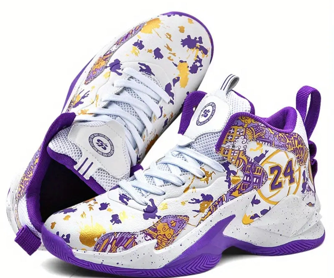 Men's Stylish Purple & Golden Pattern High-Top Basketball Sneakers - Breathable, Non-Slip, Shock-Absorbing Footwear with Cushioned Insole for Running, Walking, and Sports, Outdoor Shoes | Laceup Closure