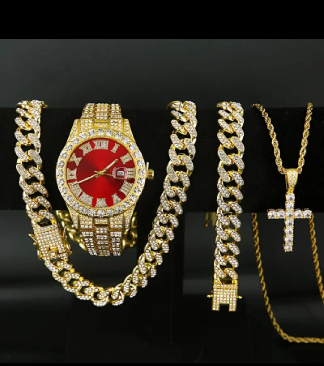 Set Of 4 Pieces, Men's Watch Set, Men's Cuban Necklace Bracelet Set, Men's And Women's Holiday Gifts, Christmas Gifts