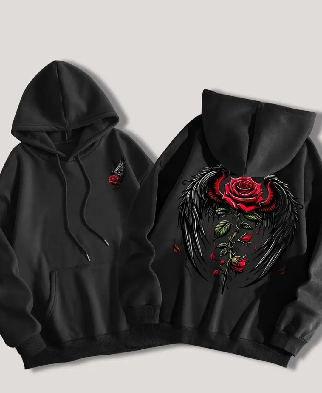 For Winter and Autumn, Graphic Print Rose Wings Drawstring Casual Hooded Sweatshirt Hoodie, Women's Clothing