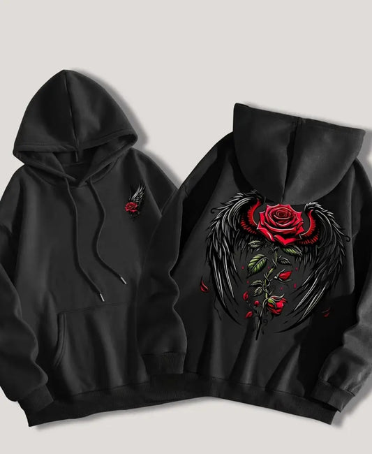 For Winter and Autumn, Graphic Print Rose Wings Drawstring Casual Hooded Sweatshirt Hoodie, Women's Clothing